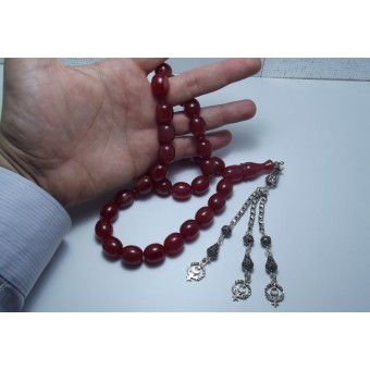 Kırmızı Sıkma Kehribar Çubuk Malzemeden Dik Damar Gümüş Püskül Tesbih